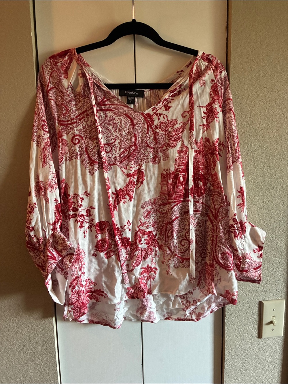 Karen Kane Cream Blouse with Red Toile Print